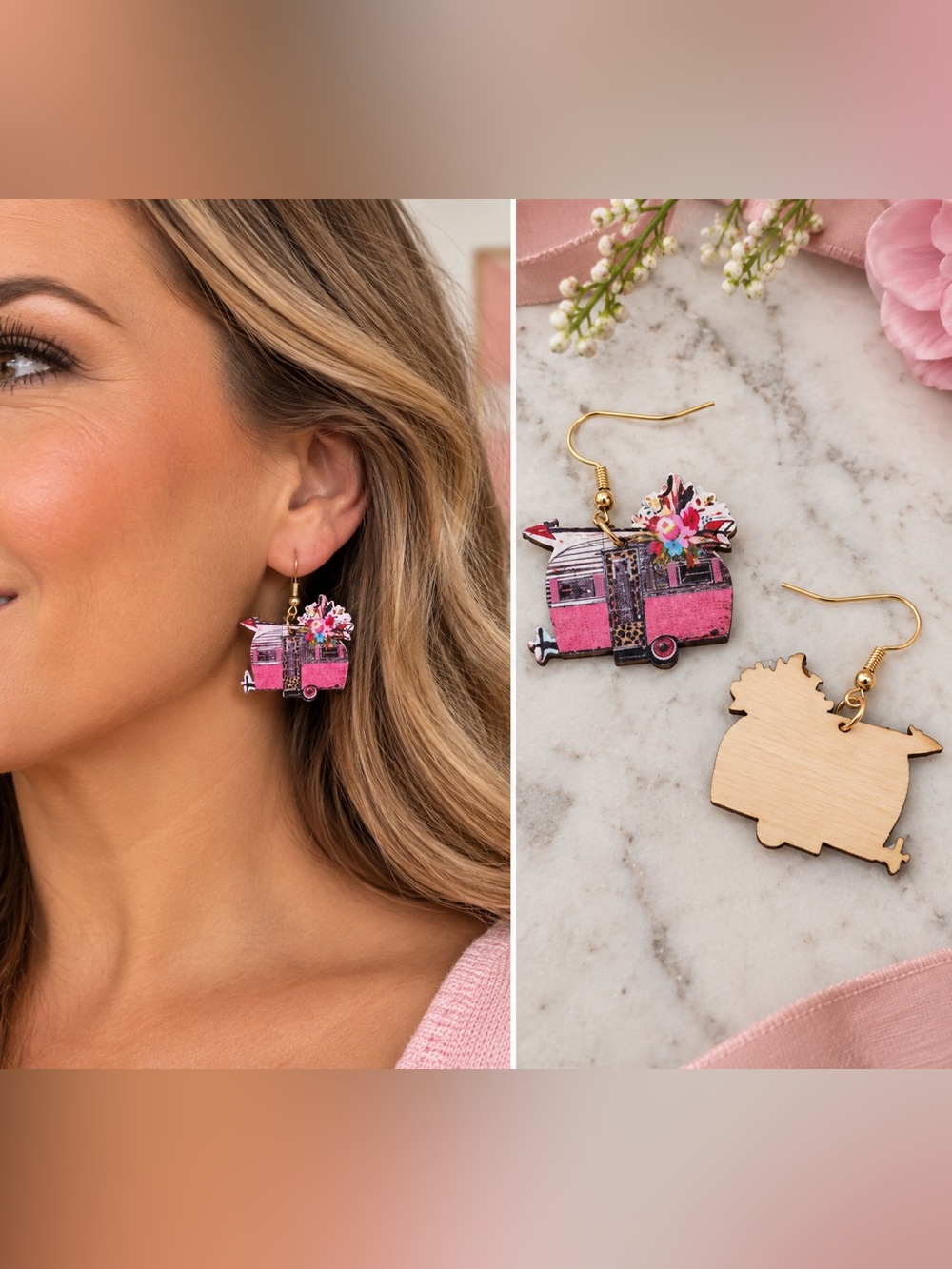 Pink GLAMPER VTG Travel Trailer Wooden Earrings
